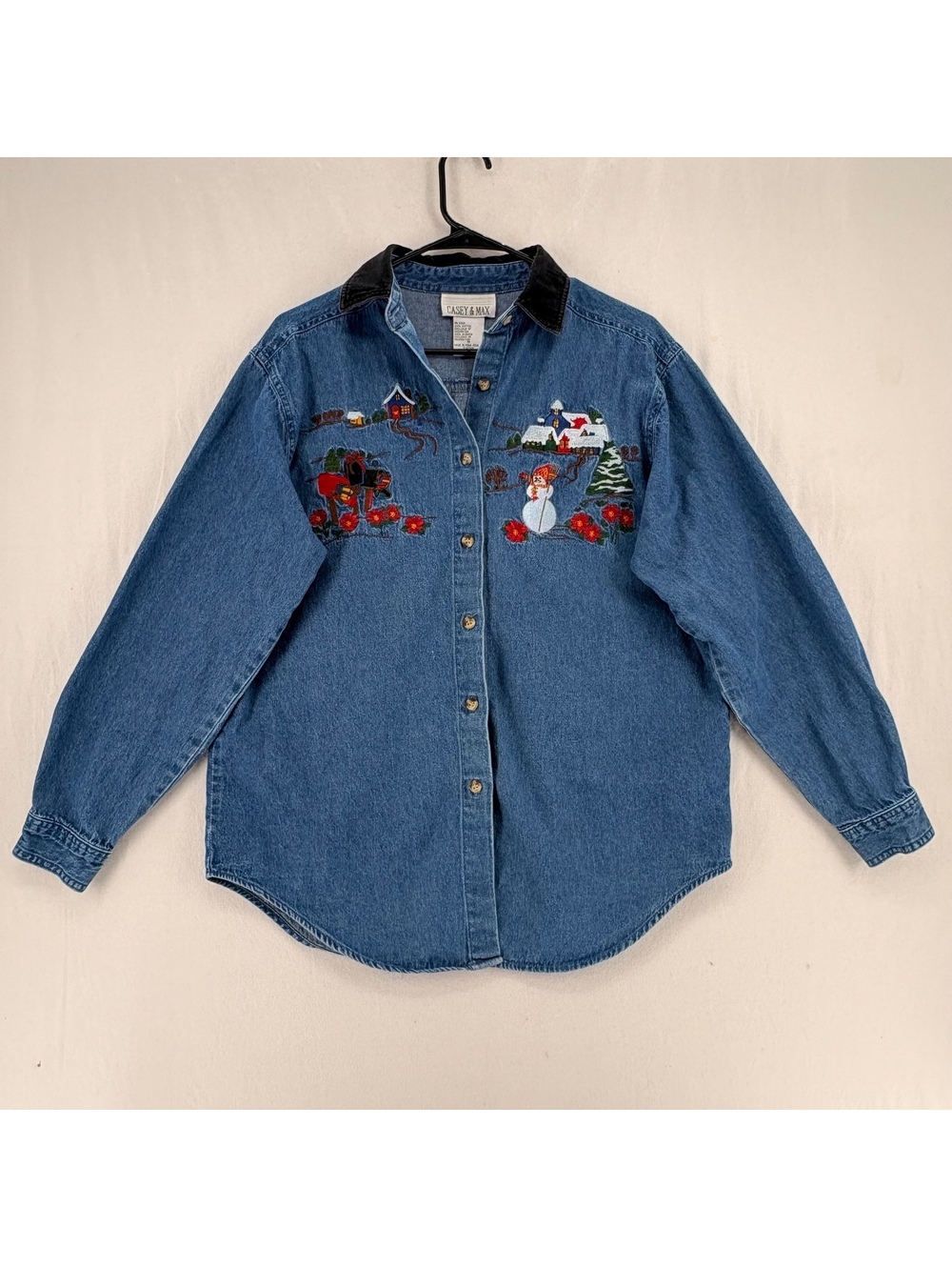 Casey & Max Christmas Denim Shirt Womens M Snowman Embroidered Vintage 90s
